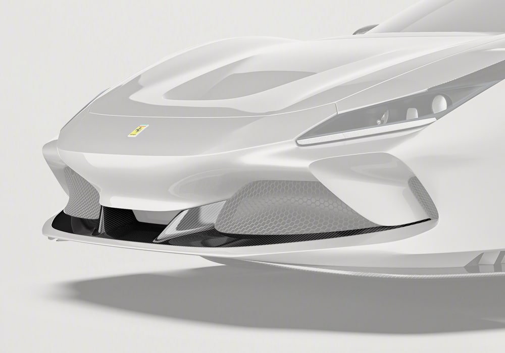 Ferrari F8 with Carbon Fiber Front Lip installed, showcasing enhanced styling and aerodynamics