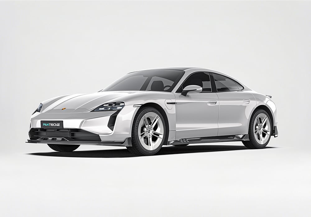 A complete shot of the 2025 Porsche Taycan outfitted with the Carbon Fiber Aero Kit, showing all components such as the front splitter, rear diffuser, side skirts, and roof spoiler