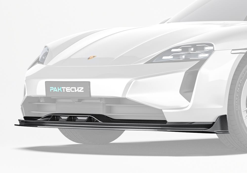 Showcase of the Carbon Fiber Front Lip integrated seamlessly into the Taycan’s front profile, highlighting its race-inspired styling and aerodynamic impact