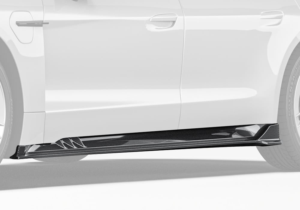 A comprehensive side profile shot showing the Carbon Fiber Side Skirts installed on both sides of a Porsche Taycan, emphasizing their sleek and aerodynamic design