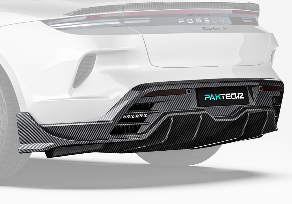 Showcase the Carbon Fiber Rear Diffuser seamlessly integrated into the Porsche 2025 Taycan, highlighting its bold styling and aerodynamic efficiency