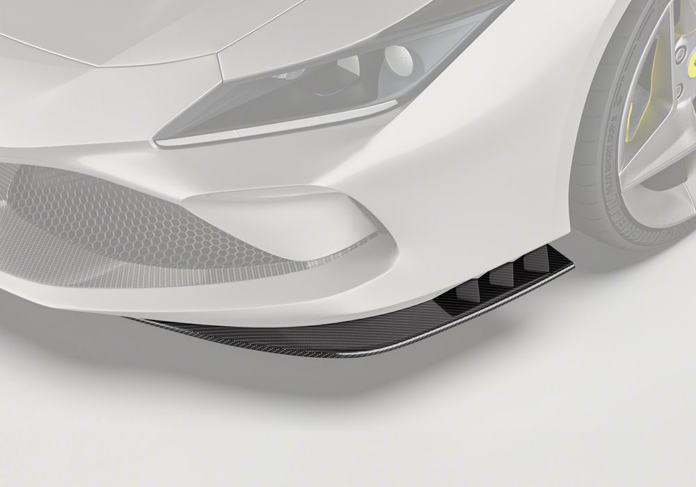 Ferrari F8 front view with Carbon Fiber Front Corner Splitters installed for enhanced aesthetics and functionality