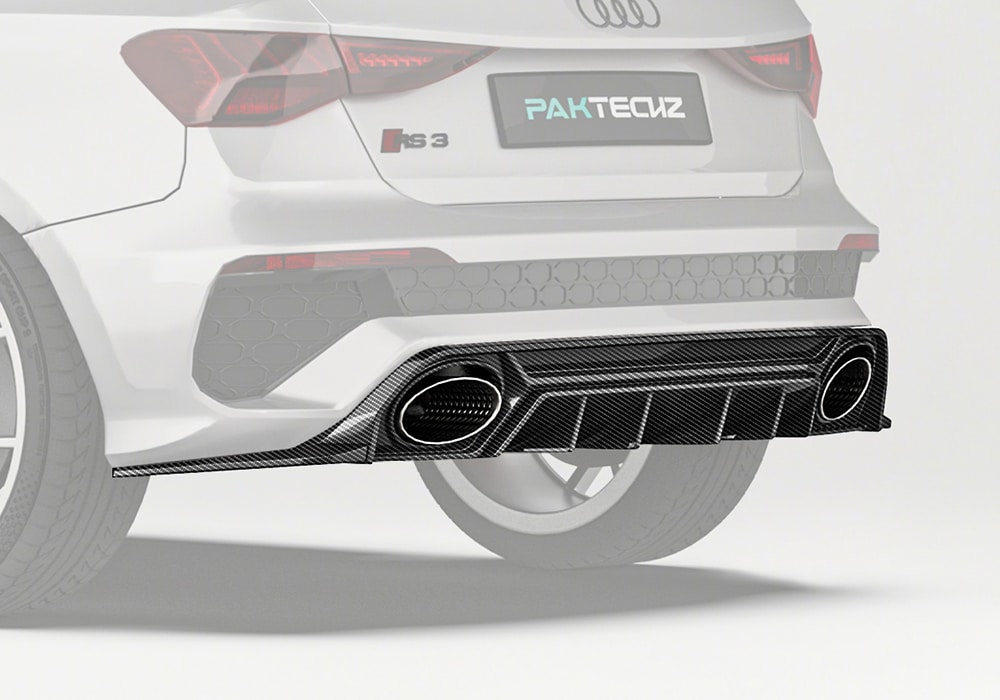 Audi RS3 (8Y) rear-end view, displaying the aggressive carbon fiber diffuser seamlessly integrated with the vehicle’s bodywork