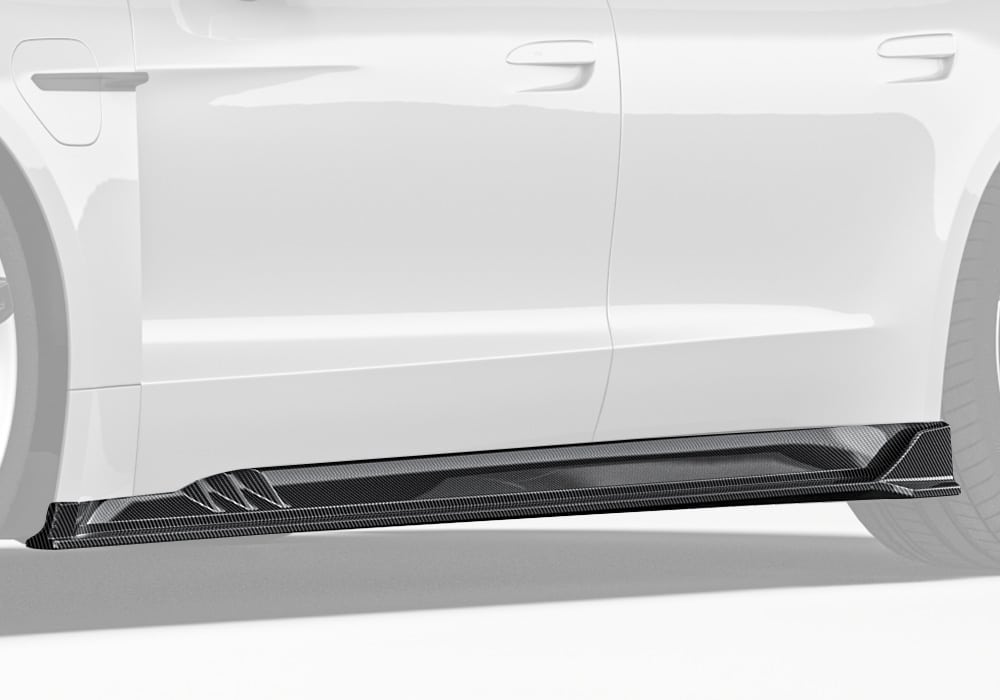 A complete side profile shot showcasing the Carbon Fiber Side Skirts integrated into the Taycan’s body, emphasizing its aggressive and sporty design