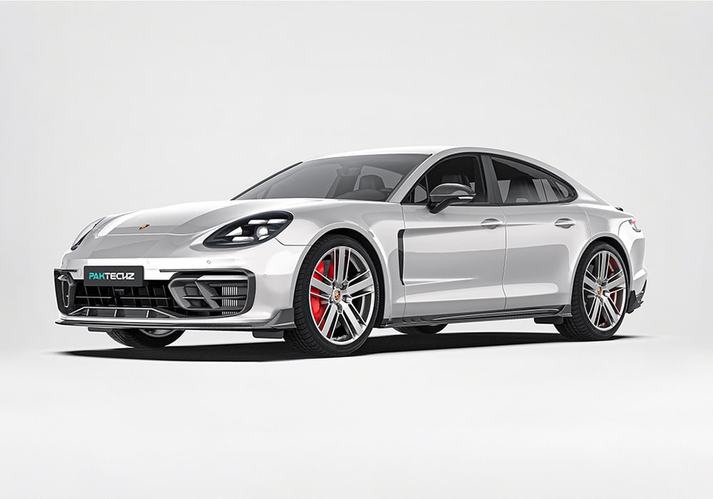 A full side view showcasing all components of the Carbon Fiber Aero Kit, including the front splitter, side skirts, rear diffuser, and rear spoiler, fully integrated into the Porsche Panamera's bodywork