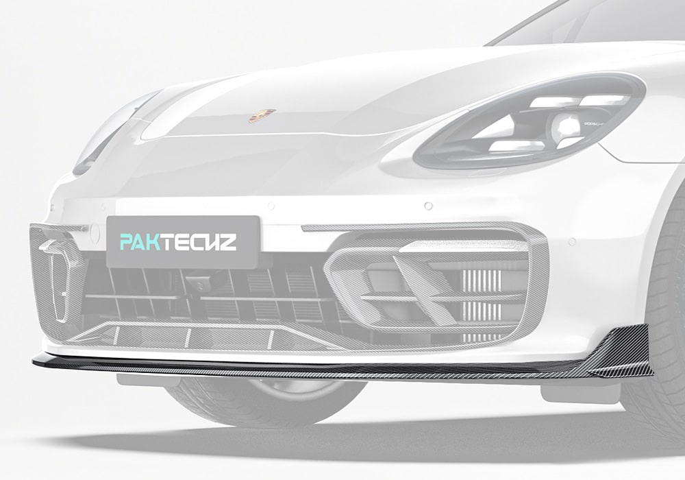 A stunning full front view showcasing the Carbon Fiber Front Lip seamlessly attached to the Panamera’s front bumper, emphasizing aggressive styling