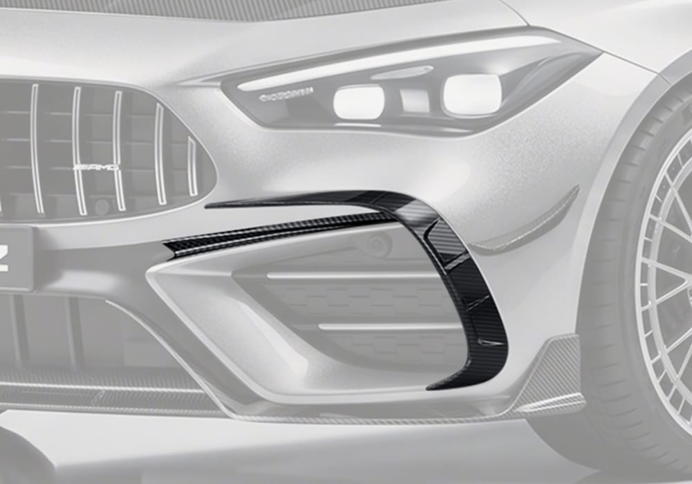 The Benz AMG CLE53 styled with precision-engineered carbon fiber front canards for a more aggressive and aerodynamic front-end appearance