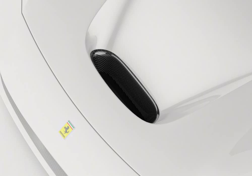 Ferrari F8 with Carbon Fiber Front Hood Air Vent installed, enhancing airflow and sporty aesthetics