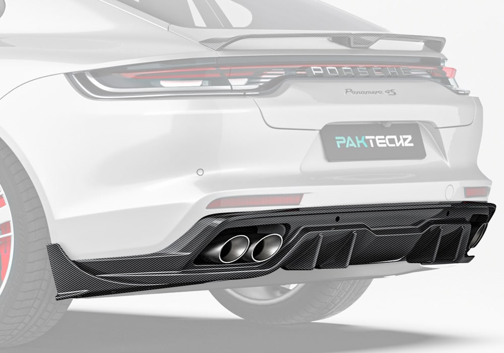 A complete rear profile shot showcasing the Carbon Fiber Rear Diffuser in action, emphasizing its sleek integration with the bumper for a sporty finish