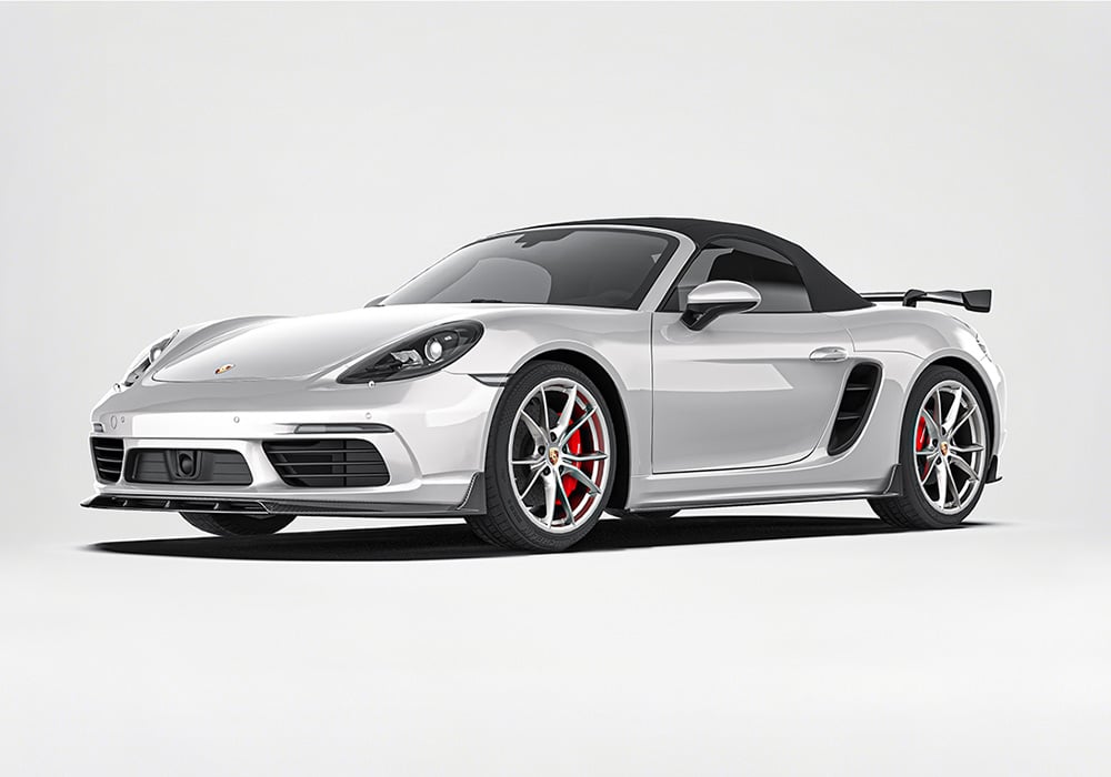 Display the complete look of the Porsche 718 with the Carbon Fiber Front Splitter, Side Skirts, and Rear Diffuser installed, showcasing bold styling