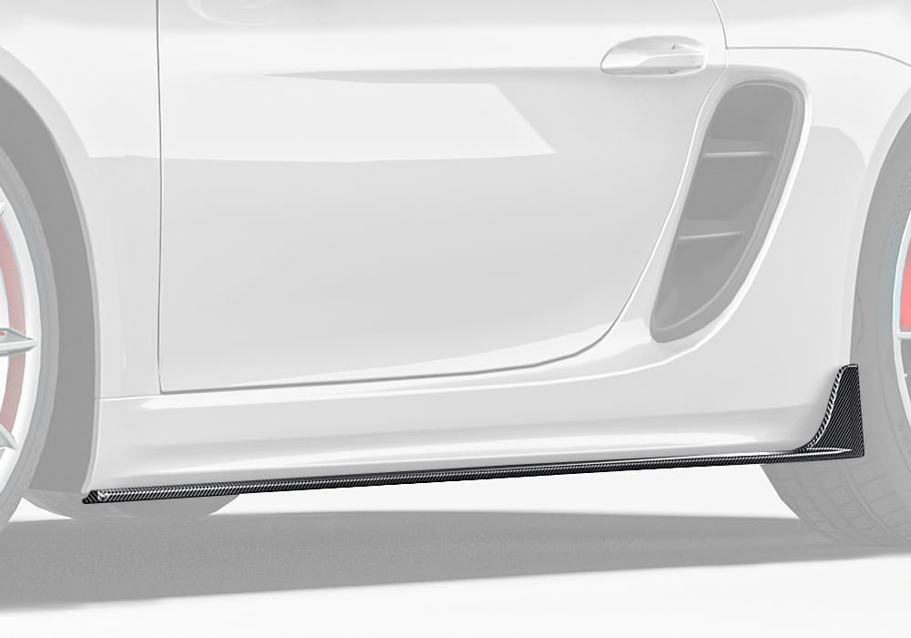 Display the complete side profile of the Porsche 718, emphasizing the seamless integration and aggressive look of the Carbon Fiber Side Skirts