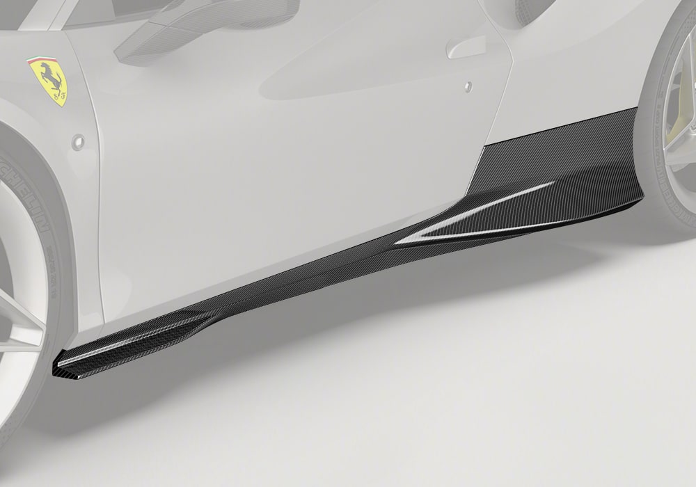 Ferrari F8 side view with Carbon Fiber Side Skirts installed for improved design and aerodynamics
