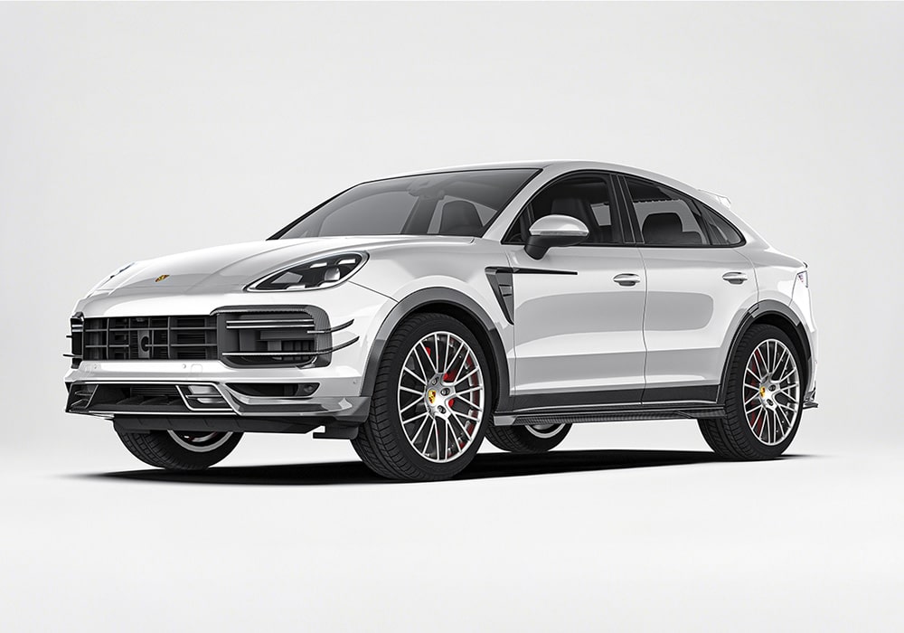 A complete exterior view of a Cayenne featuring the Carbon Fiber Aero Kit, showcasing its aggressive yet luxurious transformation