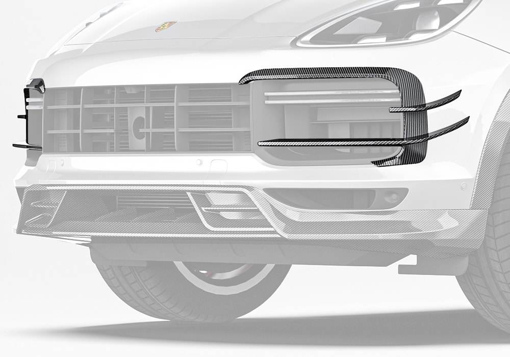 Showcase the enhanced styling and integration of the Carbon Fiber Front Canards with the Porsche Cayenne’s bumper lines