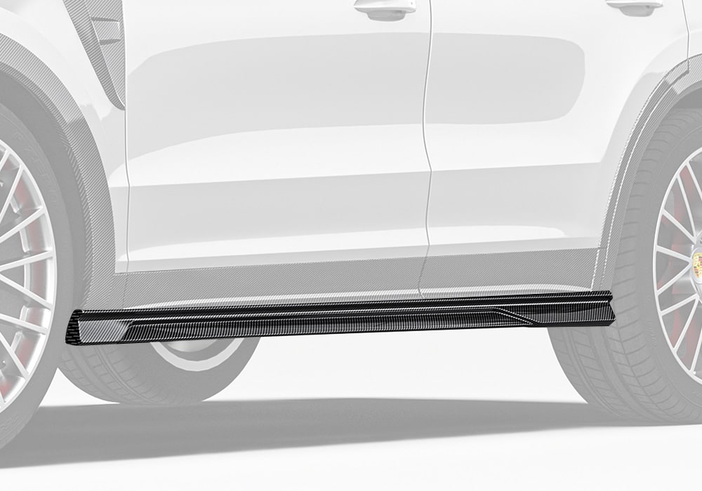 A panoramic view showcasing the Carbon Fiber Side Skirts, emphasizing their seamless integration into the Cayenne’s profile and sporty styling