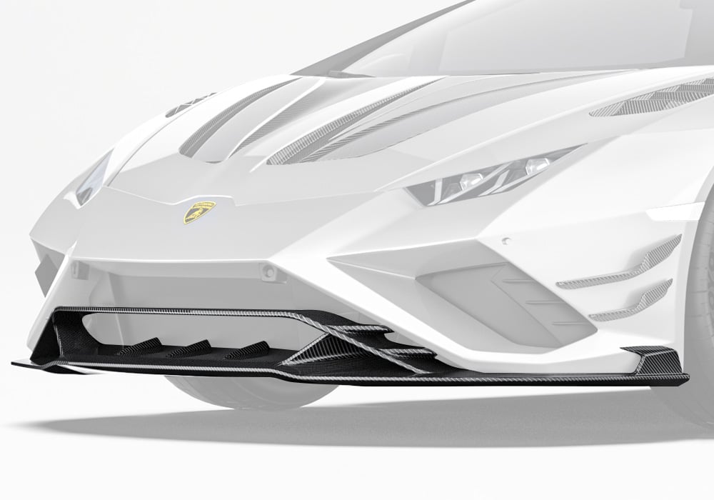 Lamborghini Huracan EVO's front view, emphasizing the sleek and aerodynamic design of the carbon fiber front lip integrated into the bumper