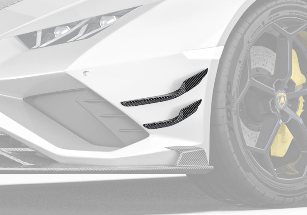 Front-angle shot of Lamborghini Huracan EVO showcasing the added sharpness and aerodynamic flow of the carbon fiber front canards