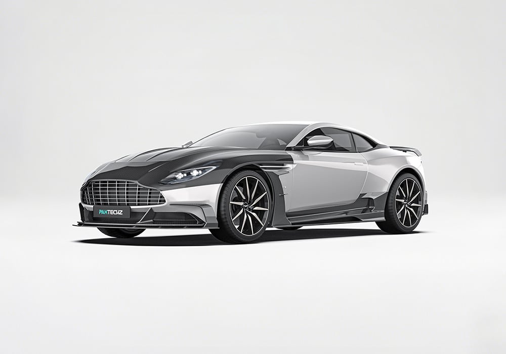Aston Martin DB11 with the full carbon fiber aerodynamic body kit, highlighting its cohesive design and eye-catching luxury styling