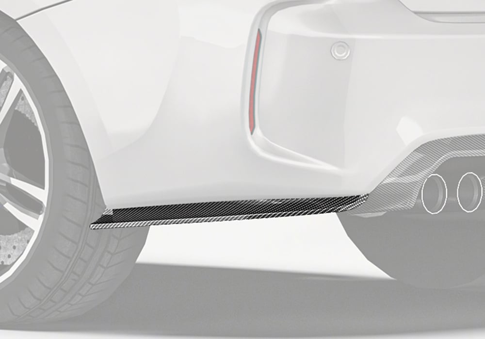 Rear-side perspective of the BMW M2 F87 showcasing the Carbon Fiber Rear Side Splitters, delivering bold styling and improved airflow control