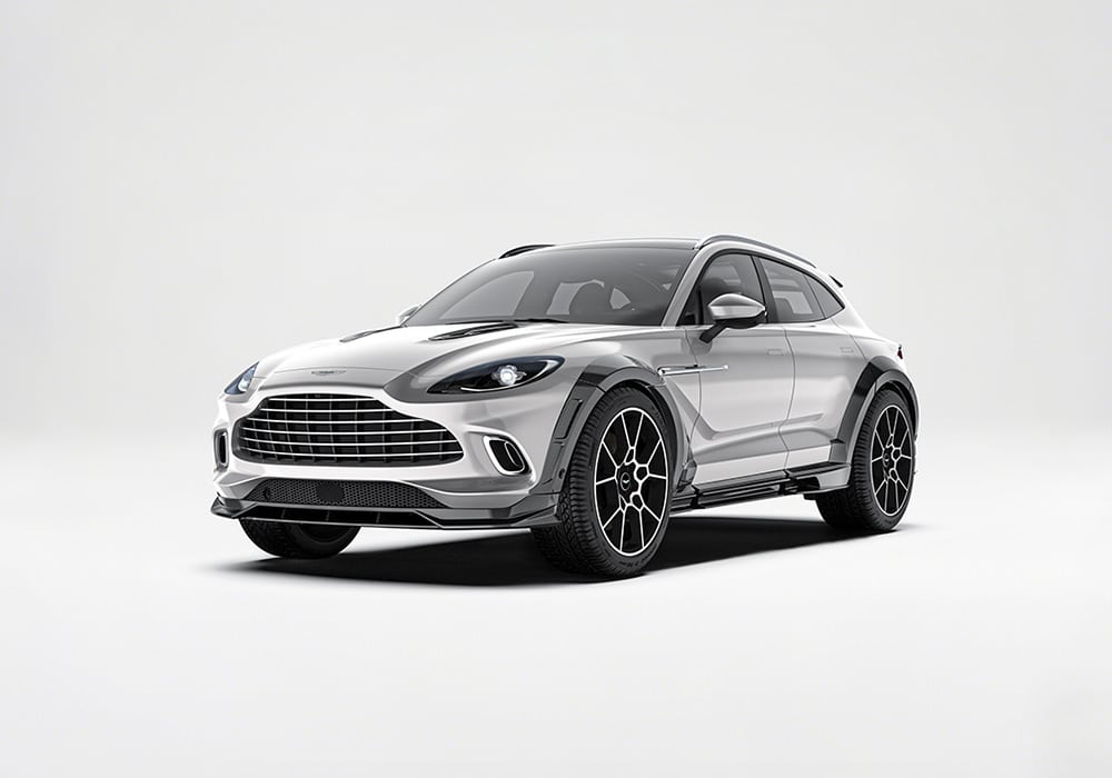 The Aston Martin DBX featuring the installed aerodynamic carbon fiber front splitter and stunning visual upgrades