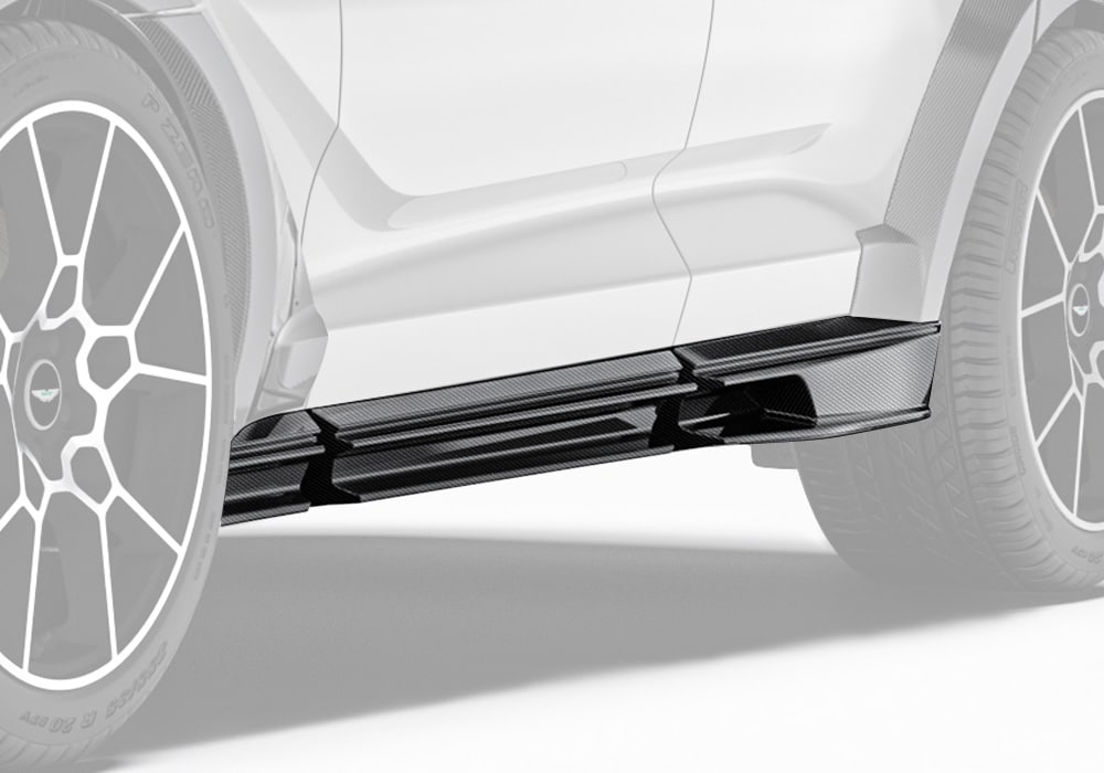 Aston Martin DBX with carbon fiber side skirts running along the body seamlessly, enhancing sleek aerodynamic design