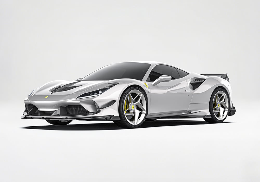A Ferrari F8 featuring the complete carbon fiber aerodynamics kit, including front splitter, side skirts, diffuser, and rear spoiler