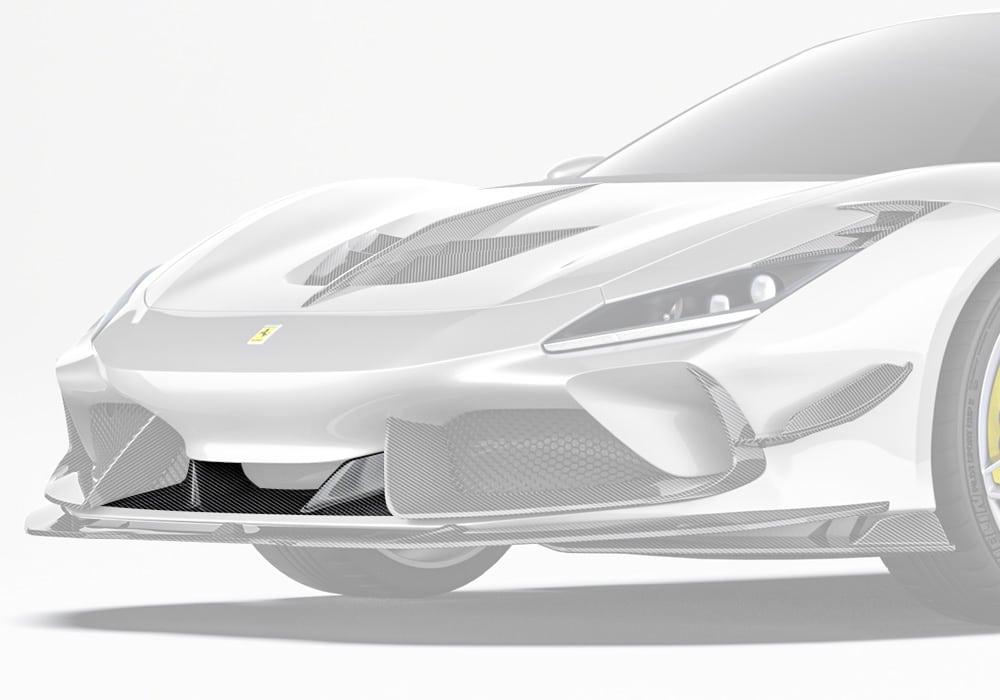 A stunning Ferrari F8 with a sleek Carbon Fiber Upper Front Lip, blending style and performance seamlessly