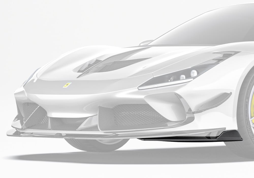 Ferrari F8 equipped with Carbon Fiber Front Corner Splitters that add bold styling and aerodynamic efficiency