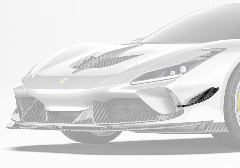 Sleek and aggressive carbon fiber canards accentuate the boldness of the Ferrari F8’s front-end profile
