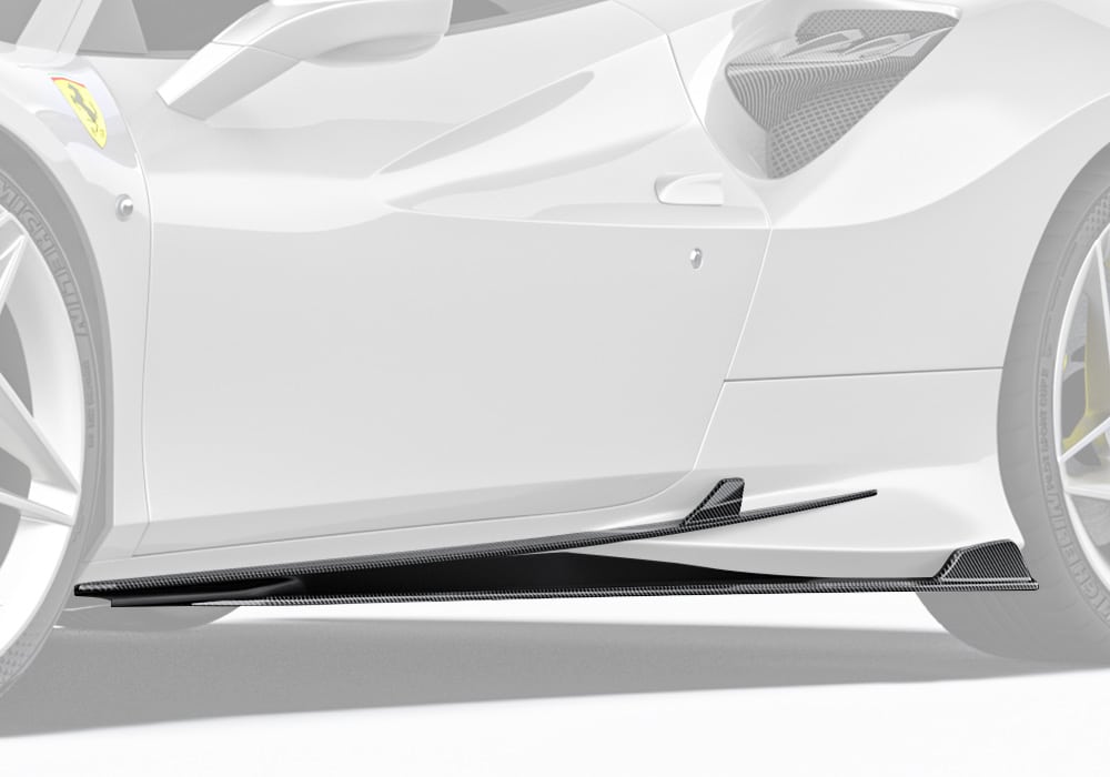 A complete side view highlighting the dynamically enhanced stance achieved by Ferrari F8 Carbon Fiber Side Skirts
