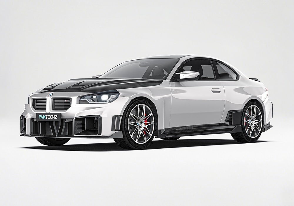 BMW M2 G87 fully equipped with the Carbon Fiber Aerodynamic Body Kit, highlighting the front splitters, side skirts, spoiler, and rear diffuser as a cohesive design upgrade