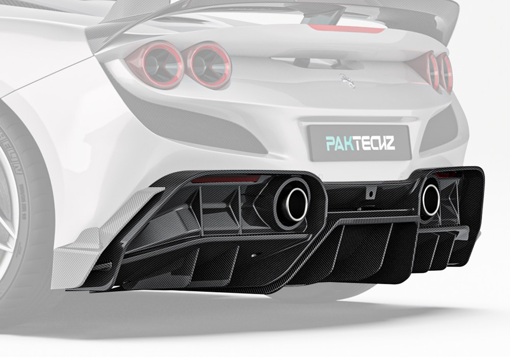 A complete rear shot of the Ferrari F8 showing the Carbon Fiber Rear Diffuser’s integration, enhancing its aggressive look