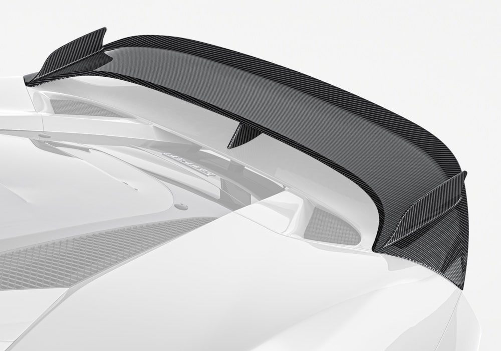 Ferrari F8 equipped with a Carbon Fiber Rear Spoiler, emphasizing aggressive rear styling