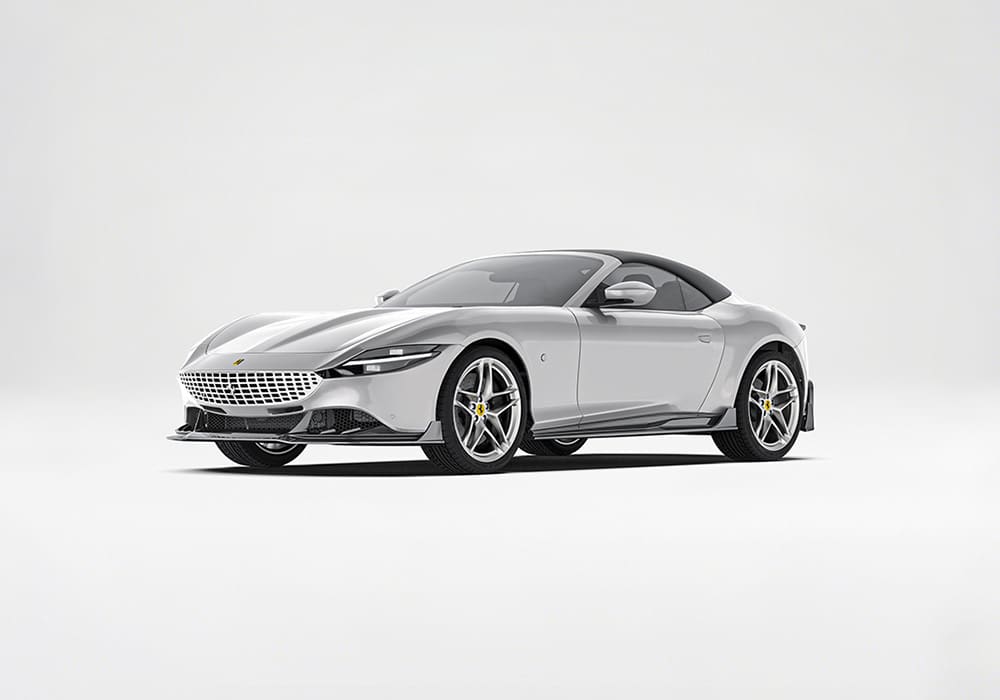 A complete front-side view of Ferrari Roma featuring the Carbon Fiber Aero Kit, showing the seamless integration and enhanced contours