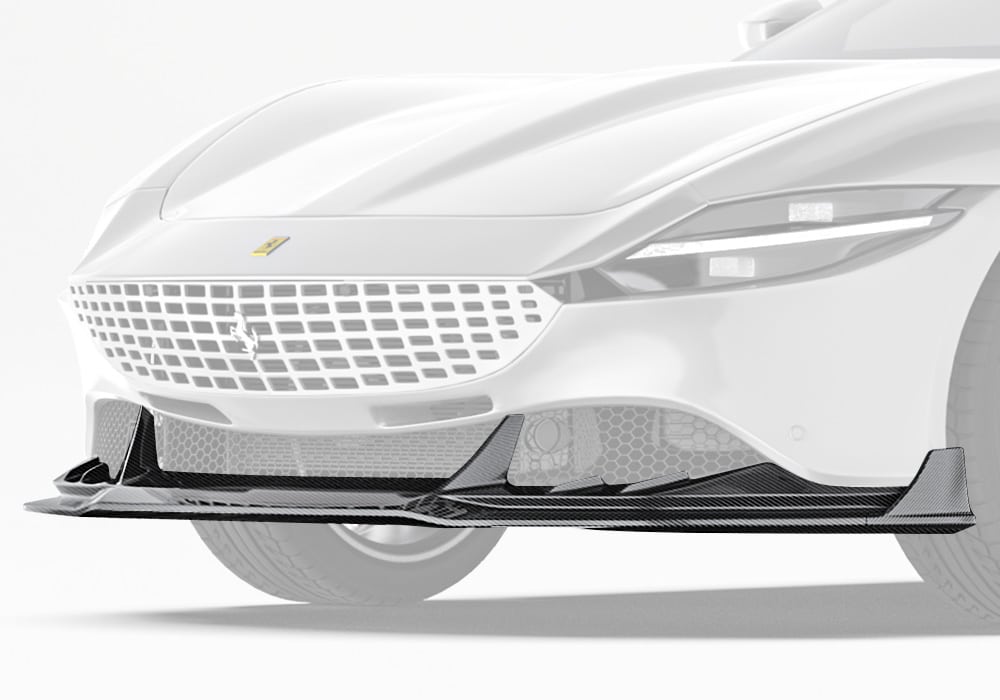 A frontal view of Ferrari Roma revealing the aggressive yet elegant integration of the Carbon Fiber Front Lip with the front bumper