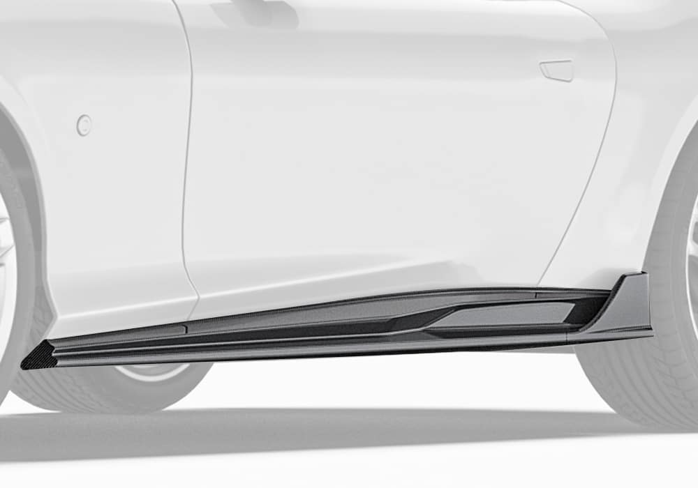 A side-profile image showcasing the refined design and seamless integration of the side skirts into the Ferrari Roma’s body lines