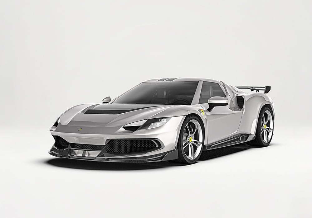 Ferrari 296 GTB fitted with Carbon Fiber Aero Kit showcasing aerodynamic upgrades and a sleek, aggressive design