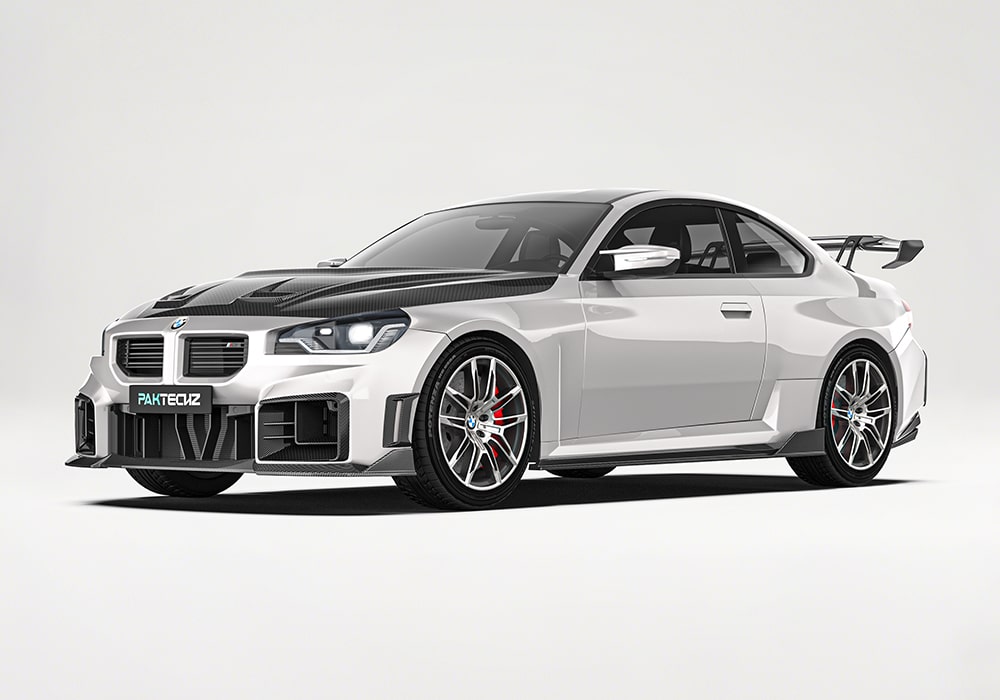 BMW M2 G87 fully equipped with the Carbon Fiber Aerodynamic Body Kit, highlighting the front splitters, side skirts, spoiler, and rear diffuser as a cohesive design upgrade