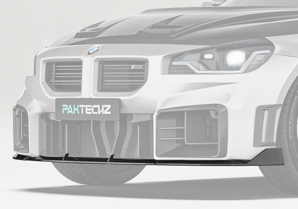 BMW M2 G87 equipped with the Carbon Fiber Front Lip, showcasing its aggressive styling and aerodynamic design seamlessly integrated with the factory bumper