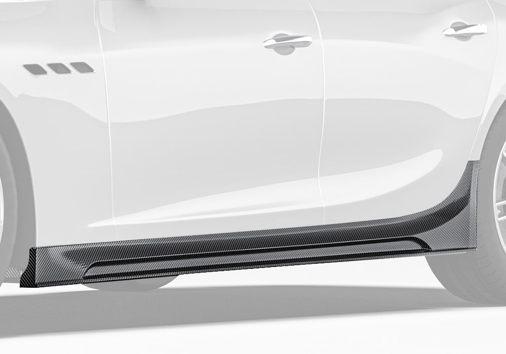 Maserati Ghibli revealed in all its beauty, showing the sleek carbon fiber side skirts seamlessly integrated into the body lines