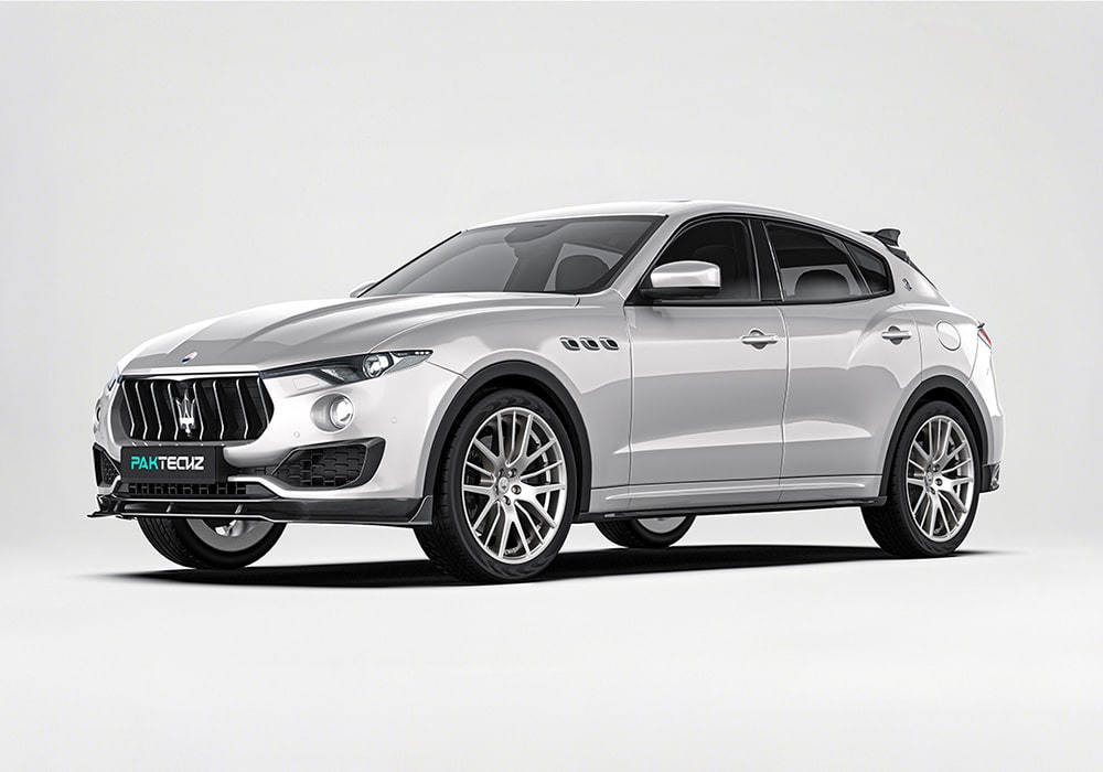 A comprehensive view of a Maserati Levante displaying the full Carbon Fiber Aerodynamics Kit, including spoilers, side skirts, and diffuser