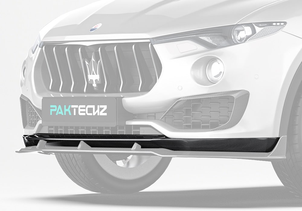 Maserati Levante presented with the sleek Carbon Fiber Upper Front Lip seamlessly integrated into the bumper design, elevating luxury styling