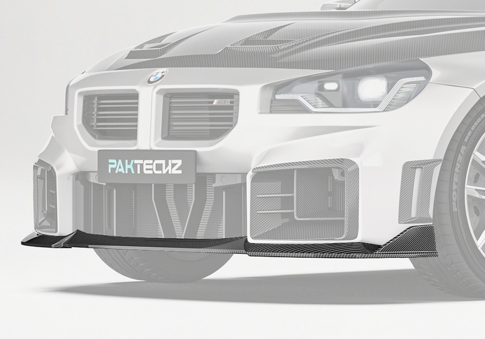 BMW M2 G87 equipped with the Carbon Fiber Front Lip, showcasing its aggressive styling and aerodynamic design seamlessly integrated with the factory bumper