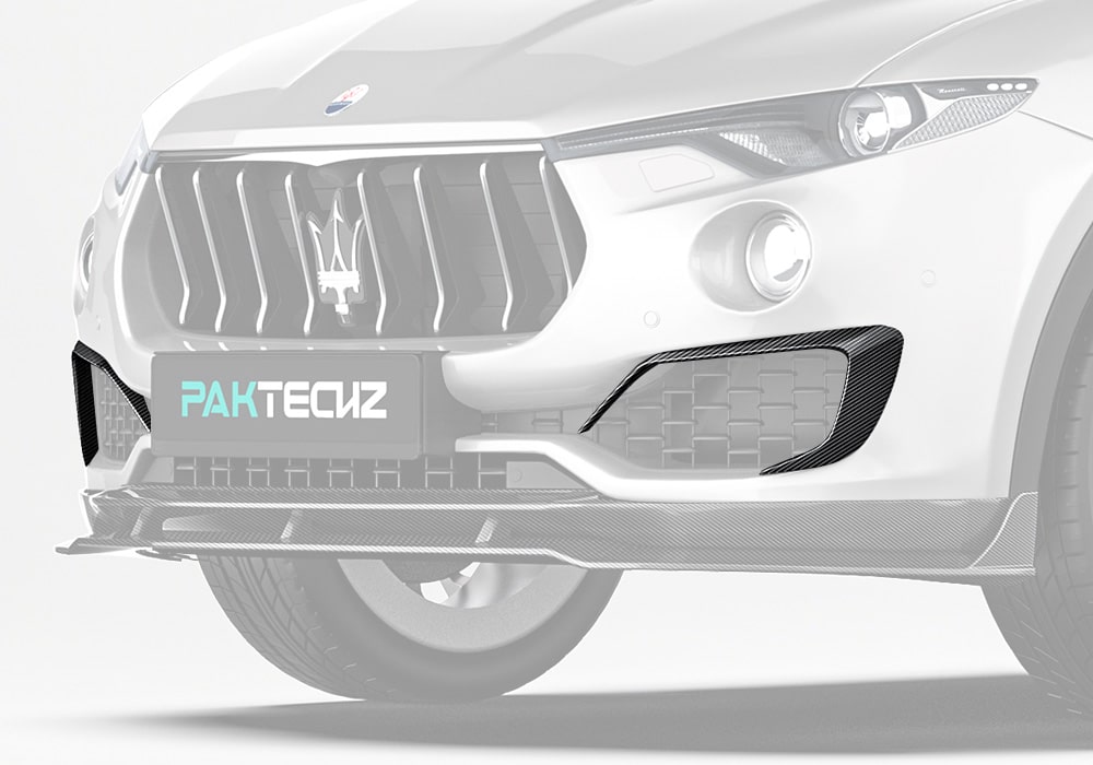 Complete front view of the Maserati Levante equipped with Carbon Fiber Upper Front Canards, showing enhanced styling and seamless integration