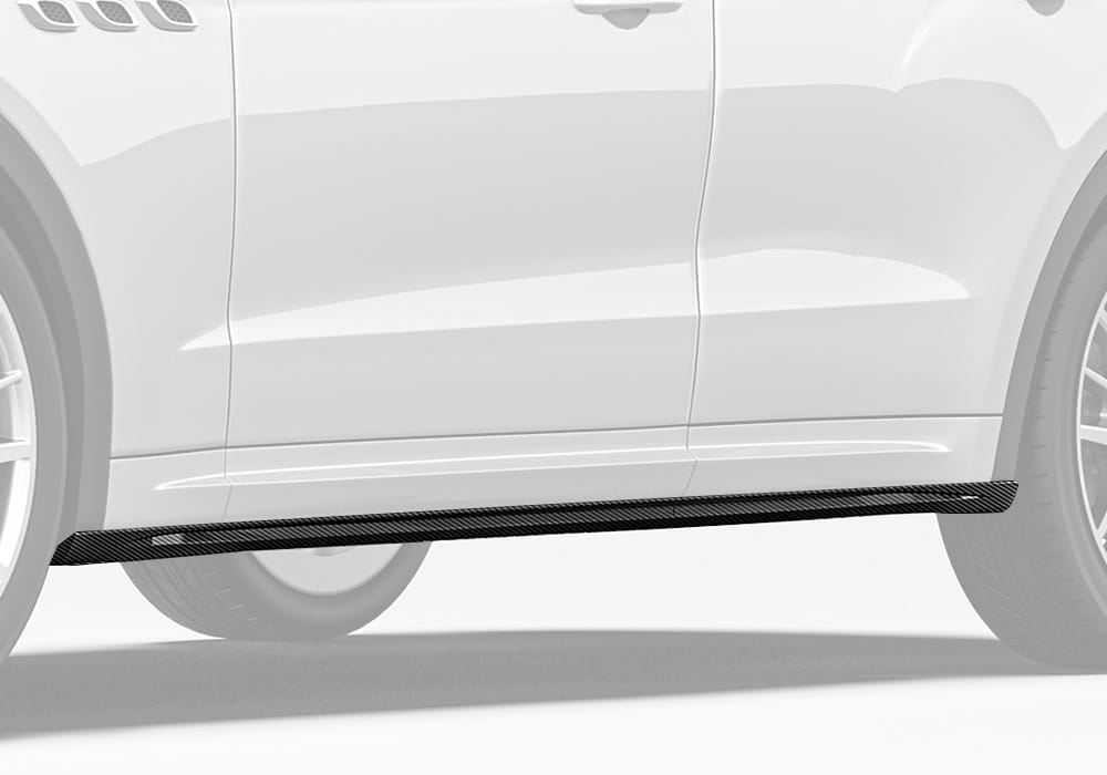 Full side profile of the Maserati Levante showcasing the sleek integration of Carbon Fiber Side Skirts, enhancing the vehicle's contours