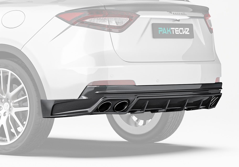 A complete rear shot showcasing the Maserati Levante fitted with the Carbon Fiber Rear Diffuser, highlighting its aggressive styling and seamless integration