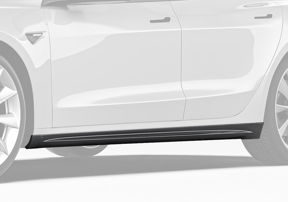 A full-length view of the Tesla Model 3 fitted with sleek carbon fiber side skirts that subtly enhance its sporty profile
