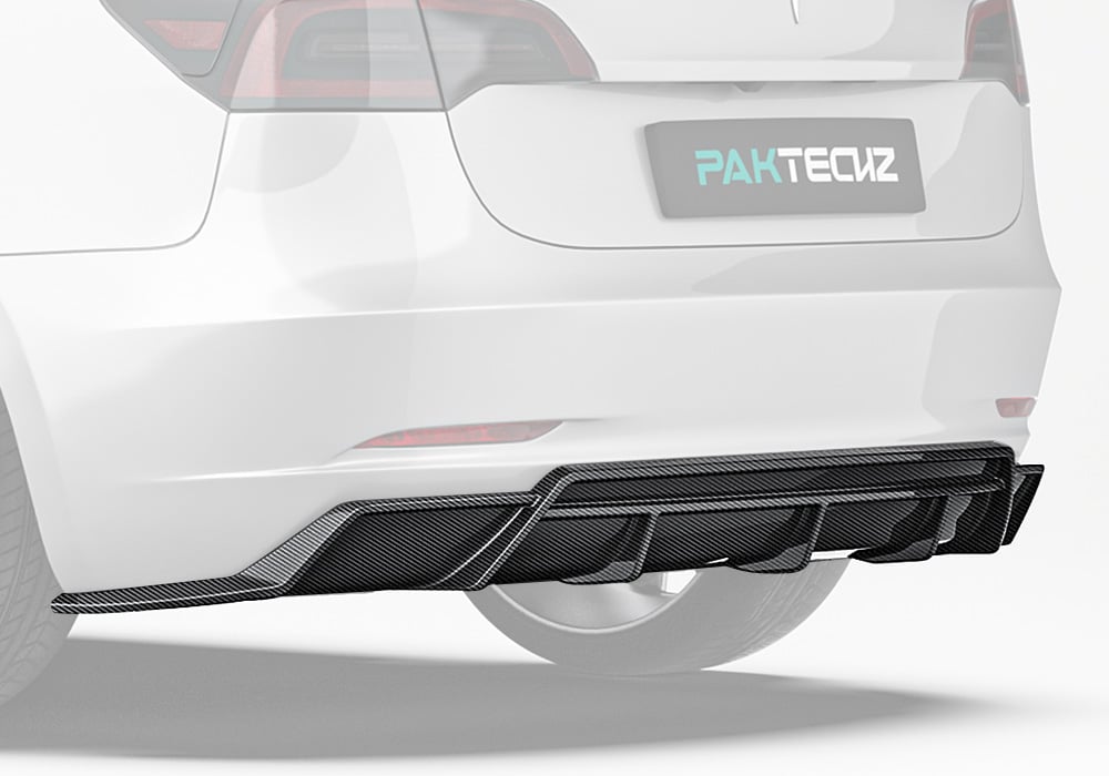 A full rear-view shot showcasing how the carbon fiber rear diffuser enhances the Tesla Model 3’s sporty and aerodynamic rear-end design