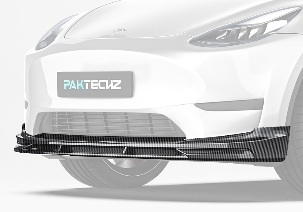 A sleek front view showing the seamless integration of the carbon fiber front lip with the Model Y’s bumper, enhancing its aggressive stance