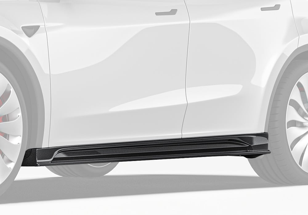 A complete side profile of the Tesla Model Y showcasing the enhanced lines and sleek aesthetic provided by the carbon fiber side skirts